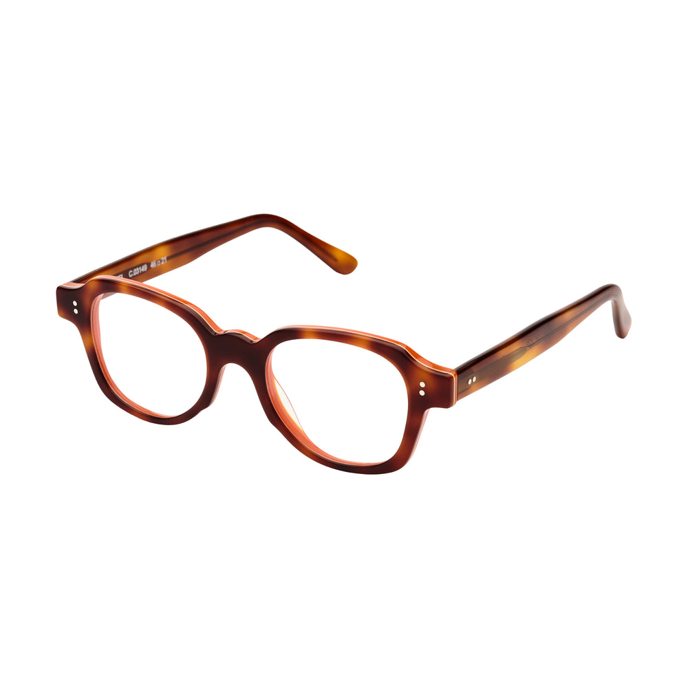Lunettes de vue écailles de forme géométrique, de couleur marron et orange, vues de profil