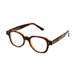 Lunettes de vue écailles de forme géométrique, de couleur marron et jaune, vues de profil