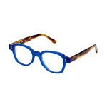 Lunettes de vue de forme géométrique, de couleur bleue, vues de profil