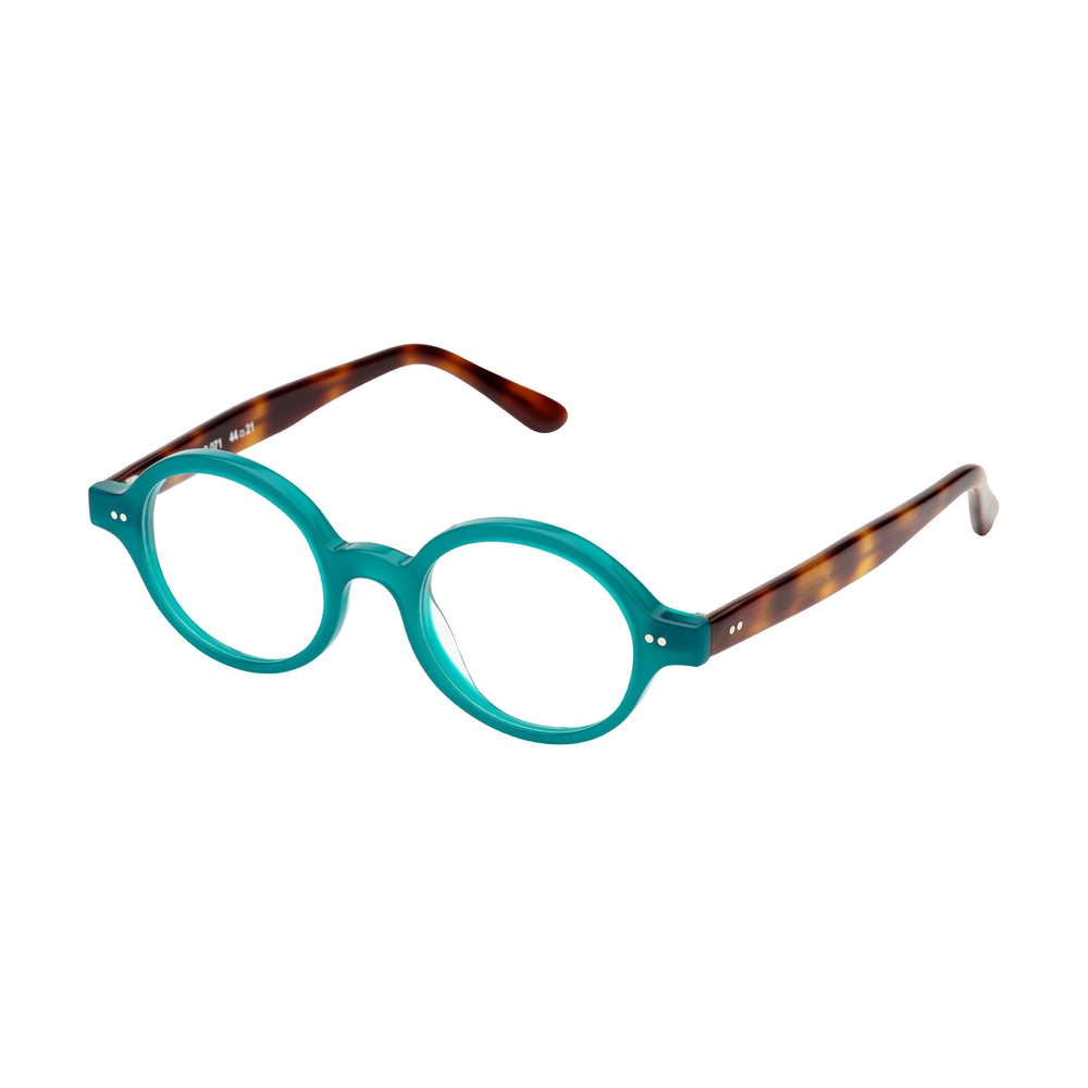 Lunettes de vue, de forme ovale, de couleur bleue, vues de profil