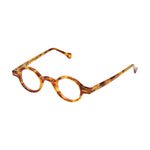 Lunettes de vue rondes ecaillees, de couleur marron clair, vues de profil
