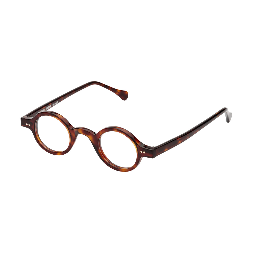 Lunettes de vue rondes ecaillees, de couleur foncee, vues de profil