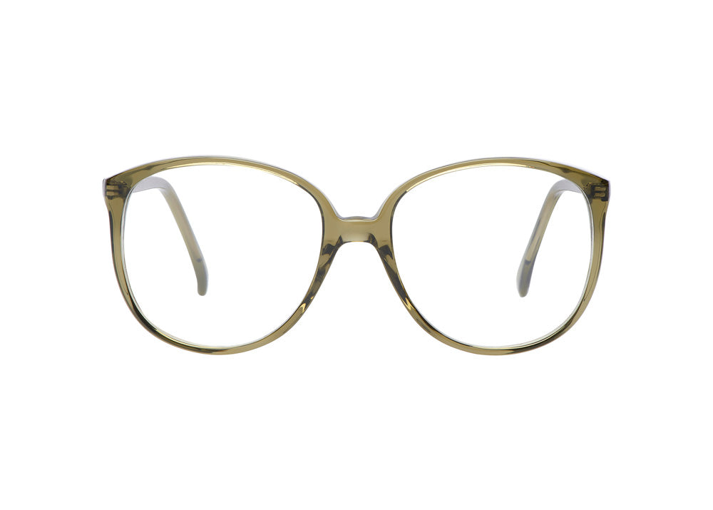 Lunettes de vue de forme carrée, écaillées, de couleur olive, vues de face