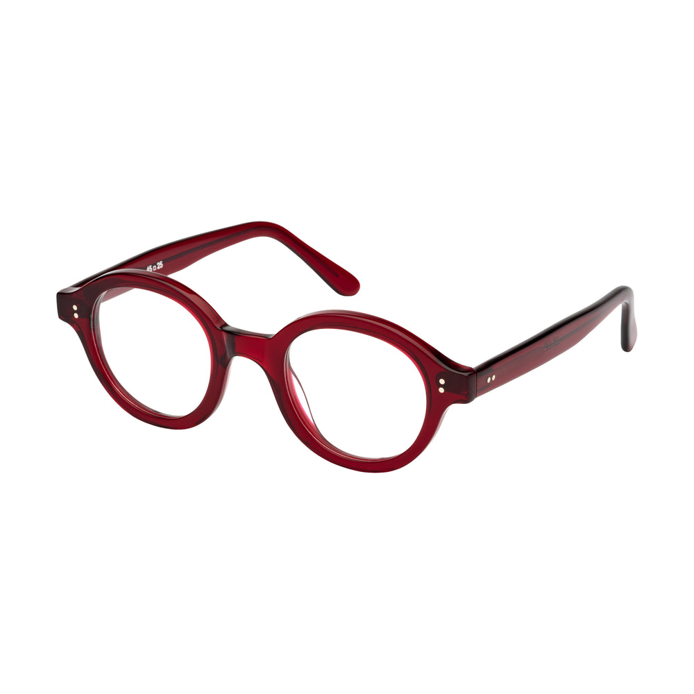 Lunettes de vue rondes, de couleur bordeaux, vues de profil