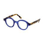 Lunettes de vue rondes transparentes, de couleur bleue, vues de profil