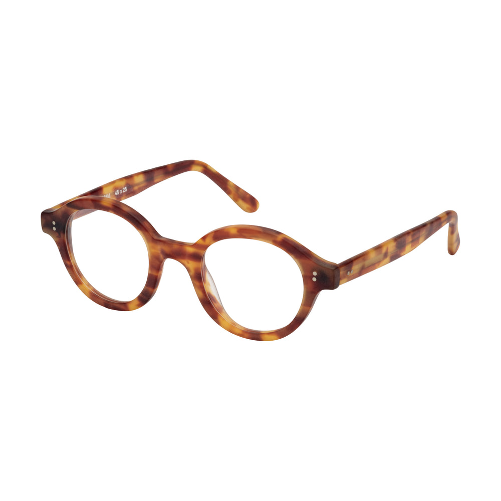 Lunettes de vue rondes ecaillees, de couleur claire, vues de profil