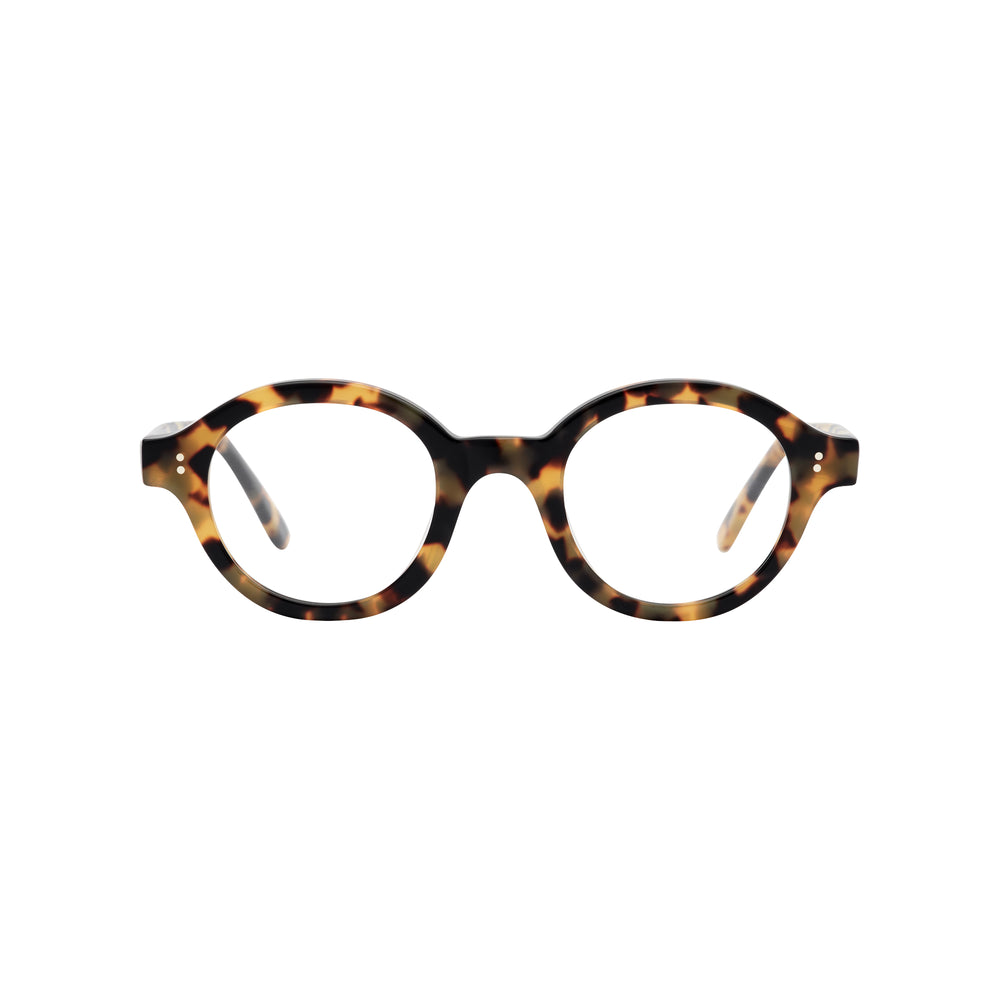 Lunettes de vue rondes ecaillees, de couleur noire, jaune, vues de face