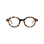 Lunettes de vue rondes ecaillees, de couleur noire, jaune, vues de face