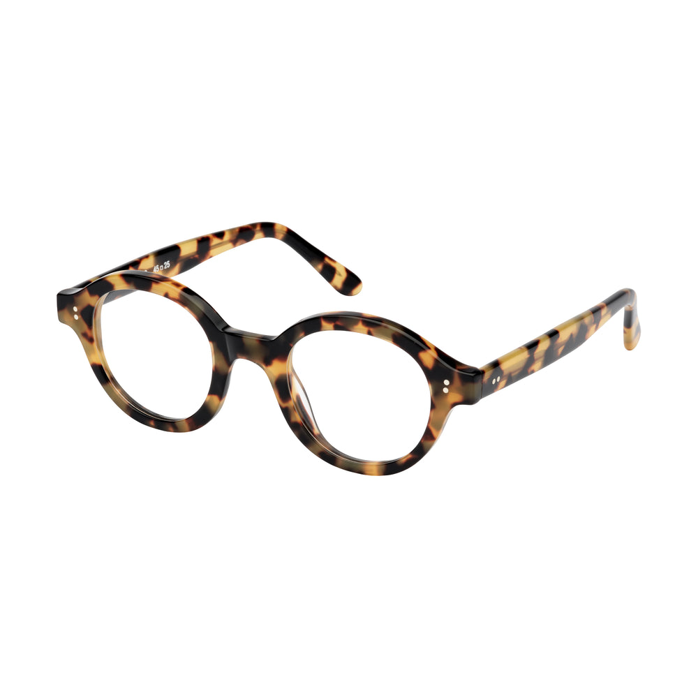 Lunettes de vue rondes ecaillees, de couleur noire, jaune, vues de profil