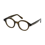 Lunettes de vue rondes , de couleur olive, vues de profil