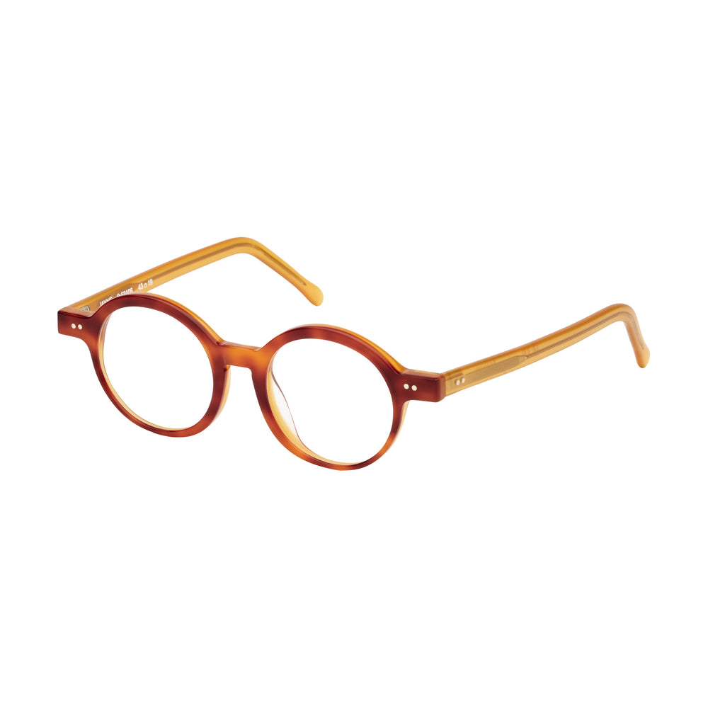 Lunettes de vue rondes ecaillees, de couleur rousse, vues de profil