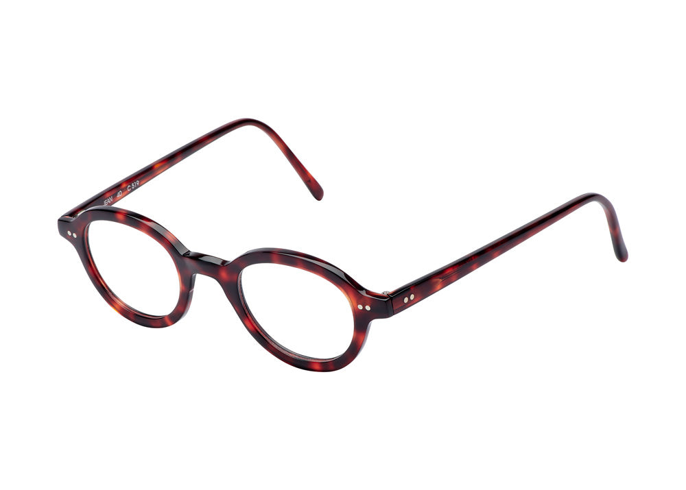 Lunettes de vue rondes ecaillees, de couleur noir et rouge, vues de profil