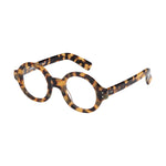 Lunettes de vue rondes ecaillees, de couleur brune, vues de profil