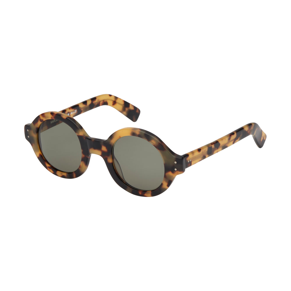 Lunettes de soleil rondes ecaillees, de couleur brune, vues de profil