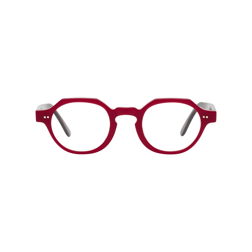 Lunettes de vue rondes, de couleur rouge, vues de face