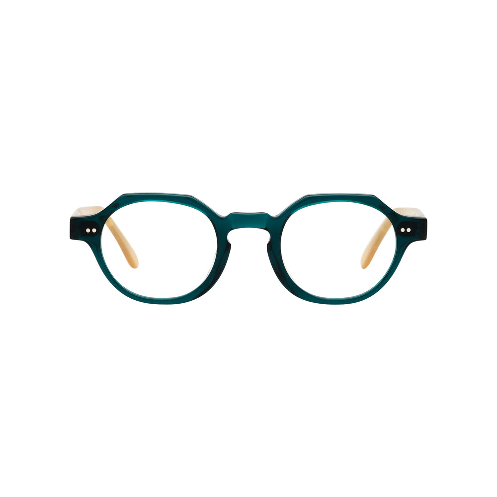 Lunettes de vue rondes, de couleur emeraude, vues de face