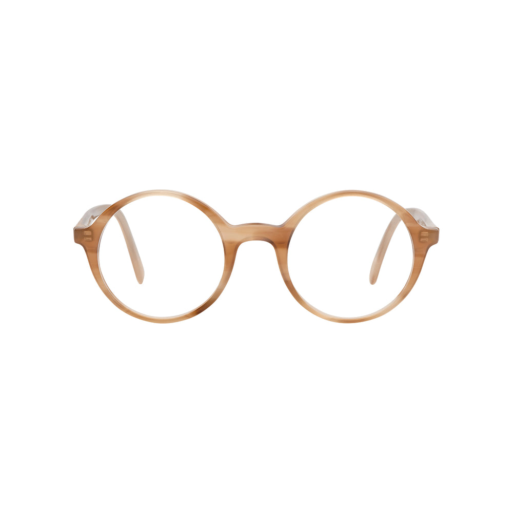 Lunettes de vue rondes, de couleur corne, vues de face