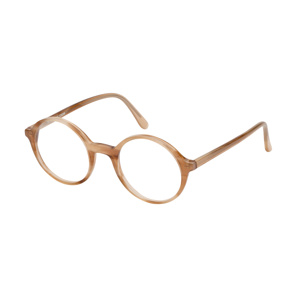 Lunettes de vue rondes, de couleur corne, vues de profil