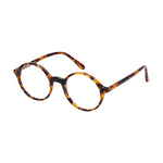 Lunettes de vue rondes, de couleur ecaillee foncee, vues de profil