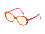 Lunettes de vue larges mouchetees, de couleur jaune, vues de profil